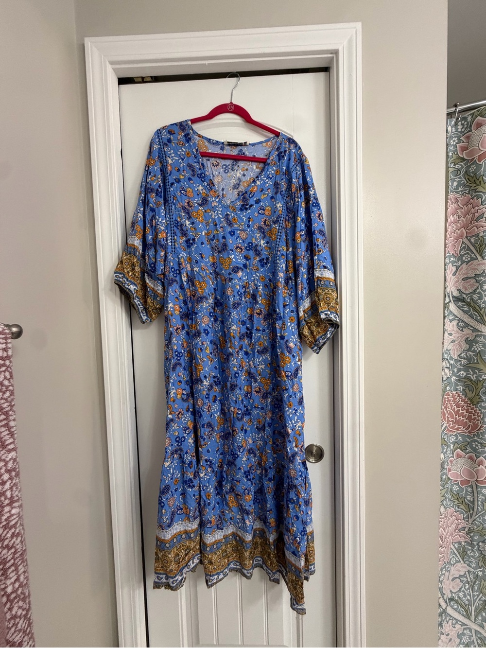 Bohemian Blue Floral Maxi Dress with Border Trim